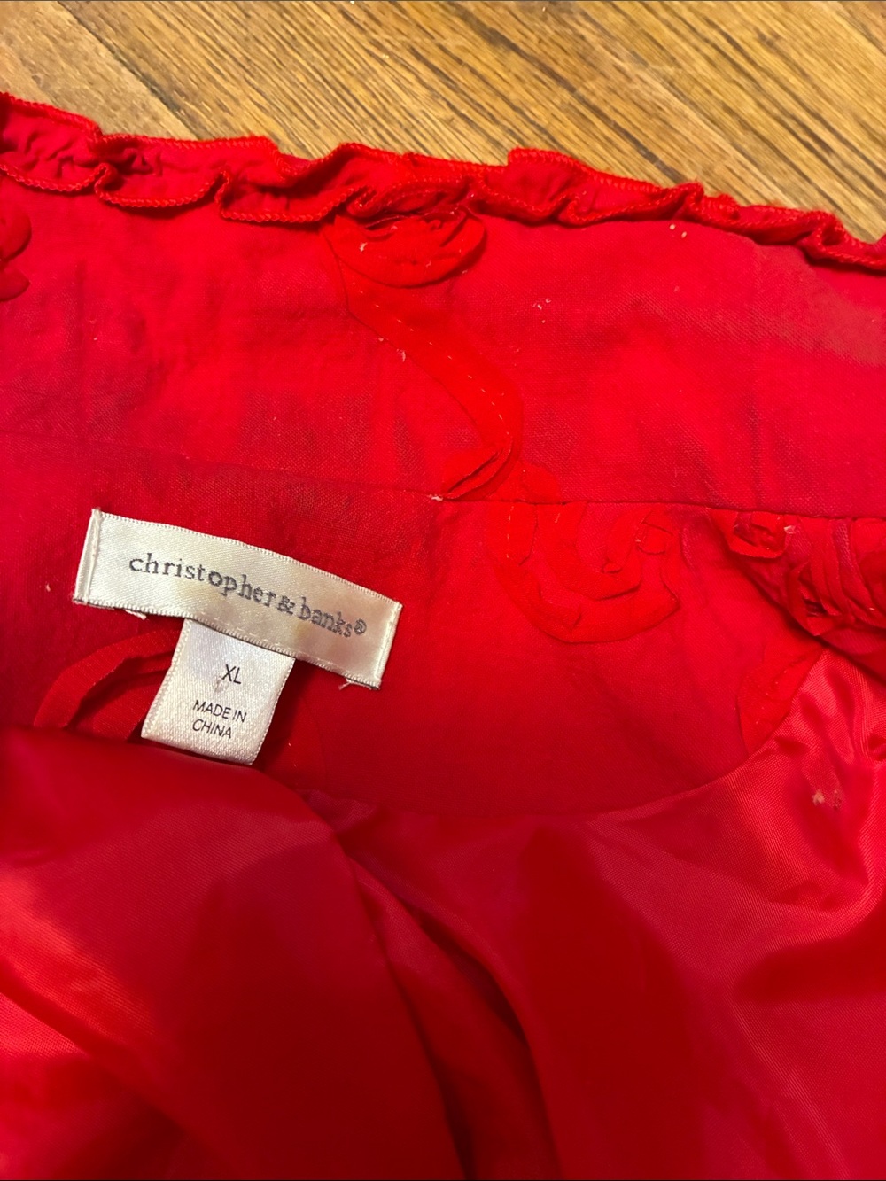 Vintage Christopher & Banks Red Ruffle-Trim Floral Appliqué Embroidered Blazer - Picture 9 of 9